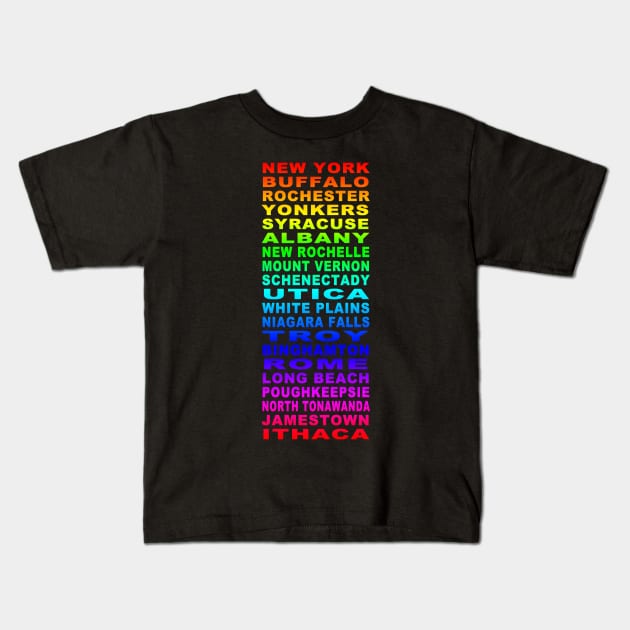 Rainbow New York Cities Bus Roll Kids T-Shirt by RockettGraph1cs